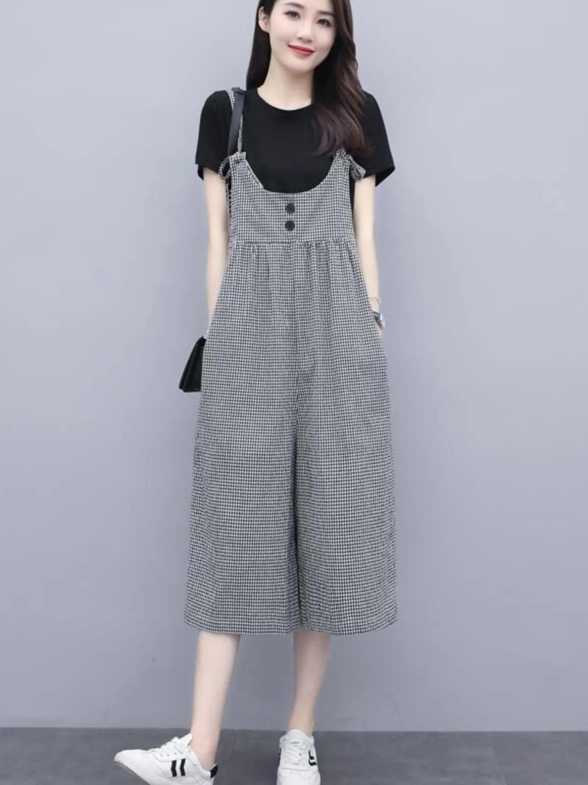 

Модные свободные женские комбинезоны-брюки на весну-лето, новинка в корейском стиле, в клетку, на бретелях, с высокой талией, длиной 7/8 или 9/10