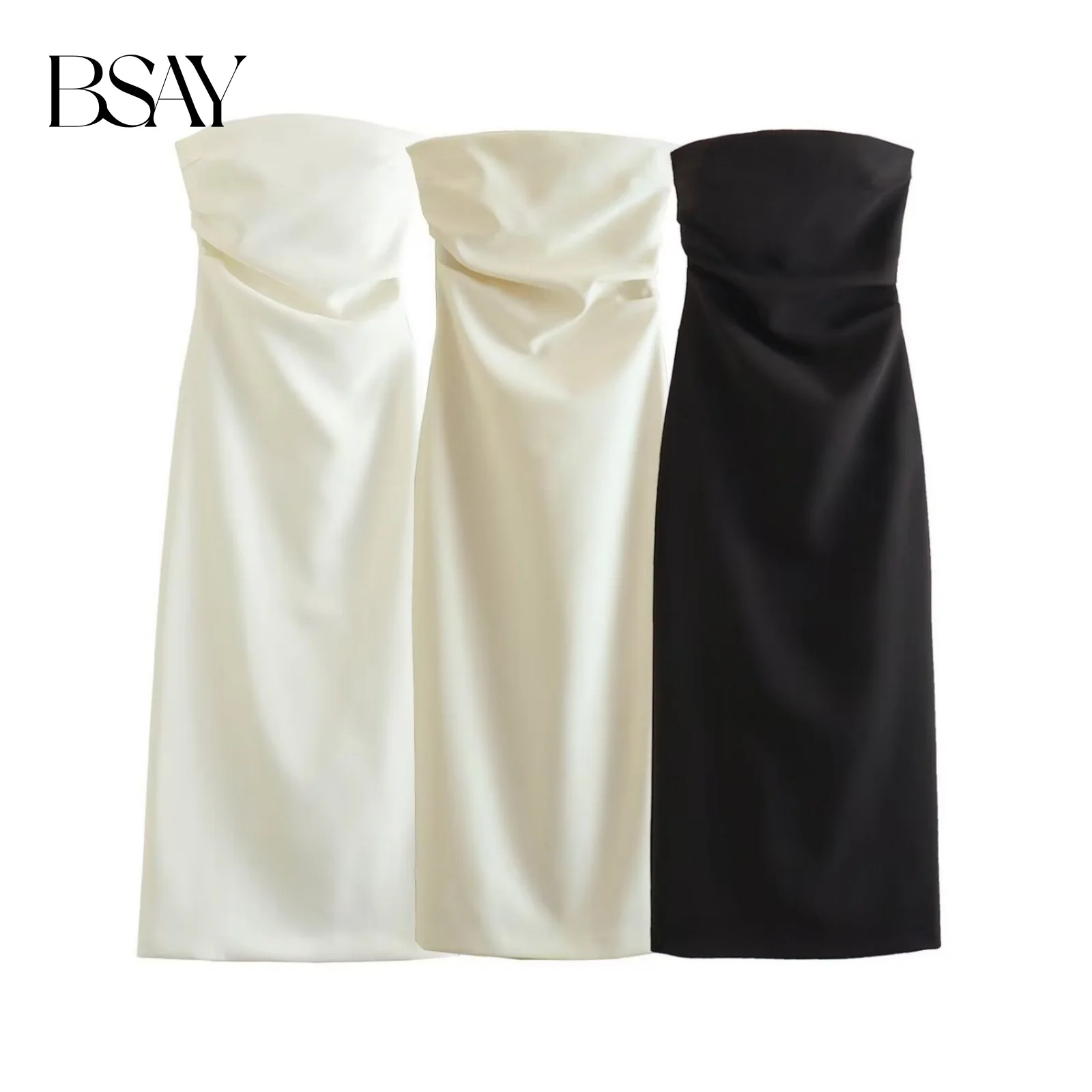 BSAY Women Fashion Summer New Sexy Split Back Zip Pleated Sleeveless Strapless Dress Chic Female French Elegant Evening