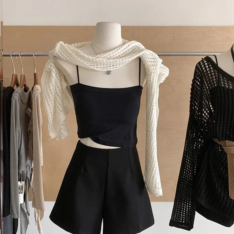 中空アウトニットセーター女性 Y2K 夏セクシーなスラッシュネック長袖トップスファッションルーズベルト固体女性プルオーバー