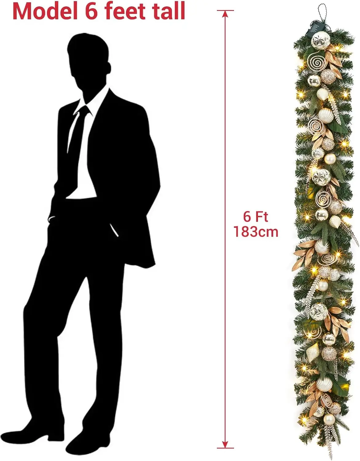 Garvee 6FT Christmas LED Rattan Garland Artificial Wreath with Lights for Xmas Tree Front Door, Fireplace, Stairs, Home Party Decor Yard Pine Rattan Hanging Ornaments - view 5