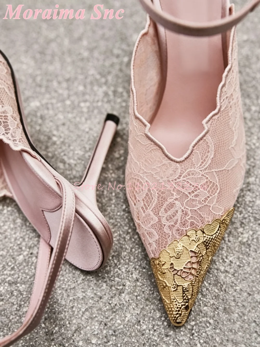 Gold Floral Toe Lace Pointed Toe Sandals Stiletto Heel Buckle Ankle Strap Blush Pink Satin Vintage Bridal Statement Footwear New view 2
