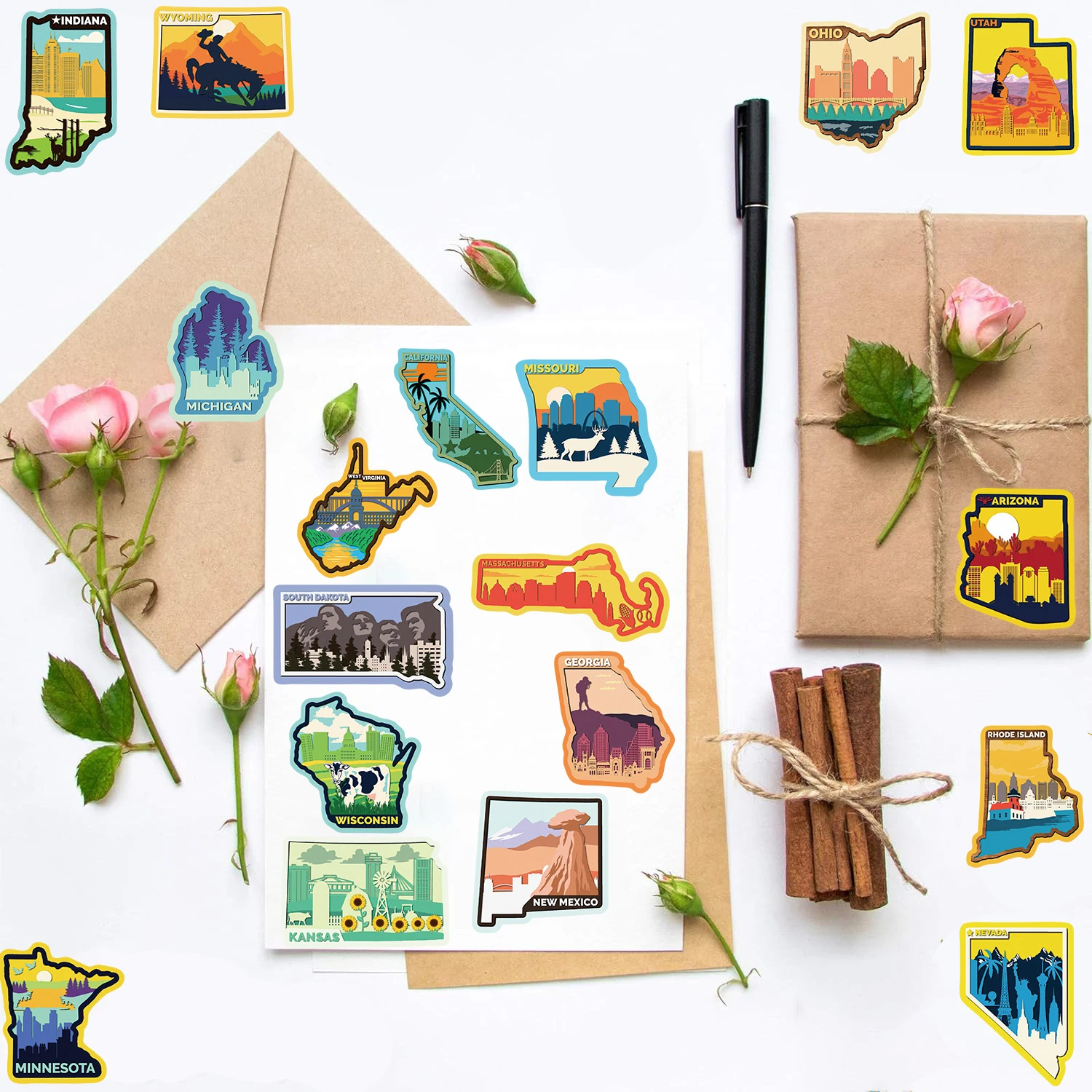 50PCS Colorful Border States In The United States Sticker Harajuku Kawaii Aesthetic Guitar Streetwear Motorcycle Phone Stickers