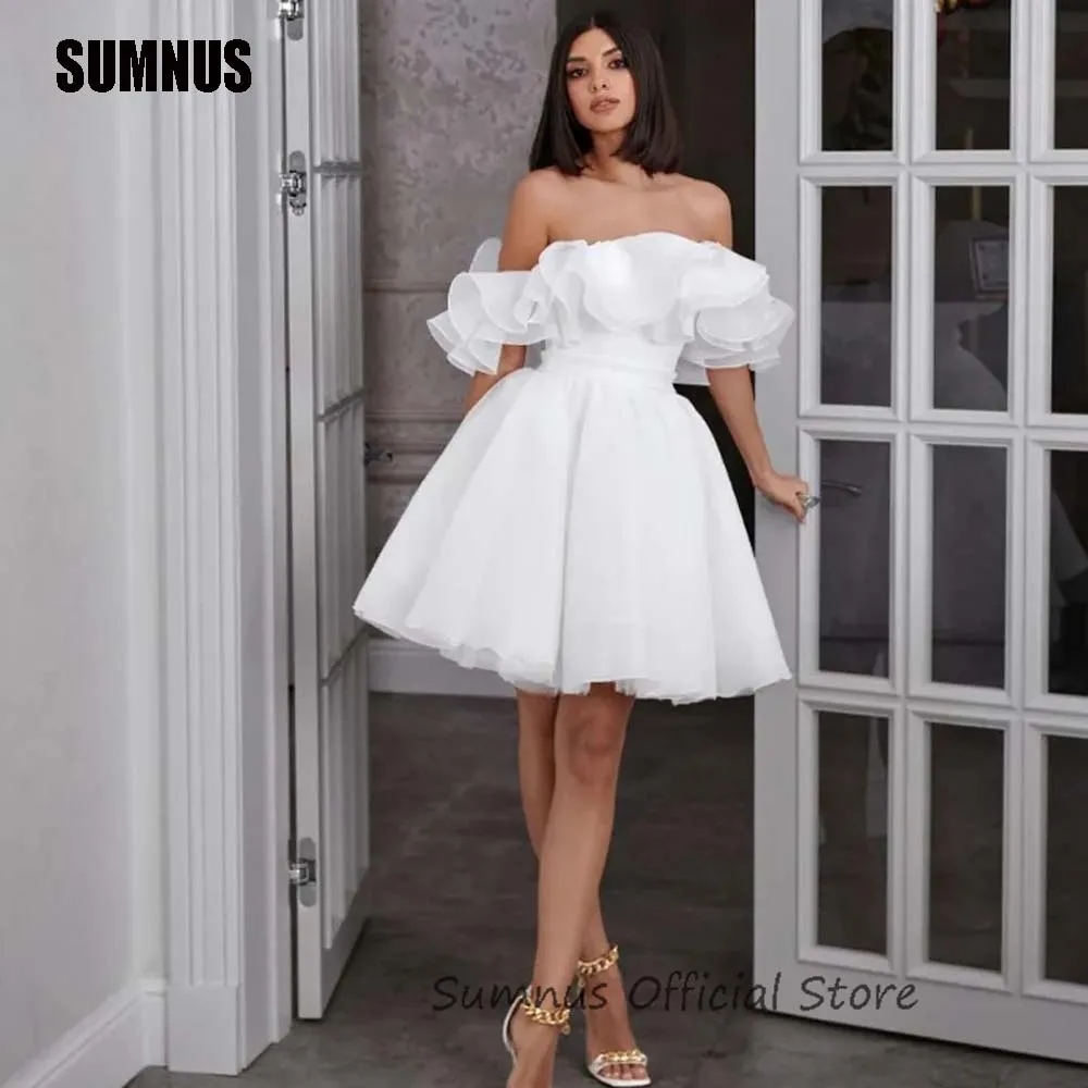

SUMNUS White Chiffon A-Line Wedding Dresses Off Shoulder Short Evening Party Dress Ruffles Bride Prom Gowns Vestidos De Fiesta