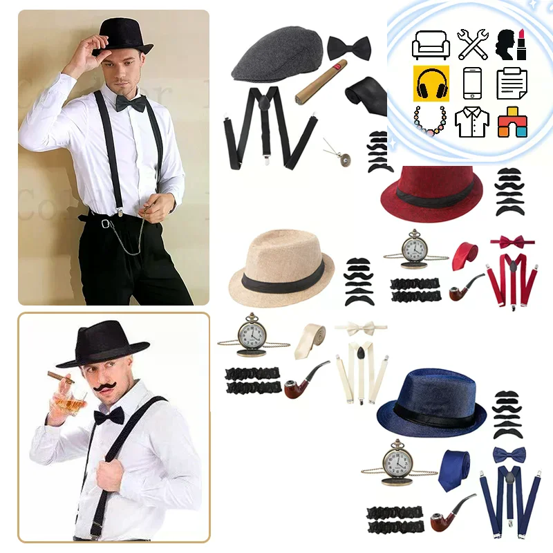 Halloween 1Set 1920's Cosplay Kostuum Hoed Zakhorloge Stropdas Snor Bowtie Gatsby Maskerade Accessoires