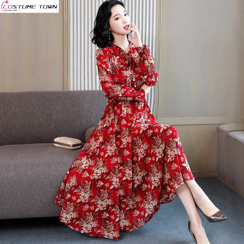 

Spring/Summer Chiffon Dress Long Sleeved 2024 New Style Elegance Large Size Long Fit Slim Fragmented Flower Dress