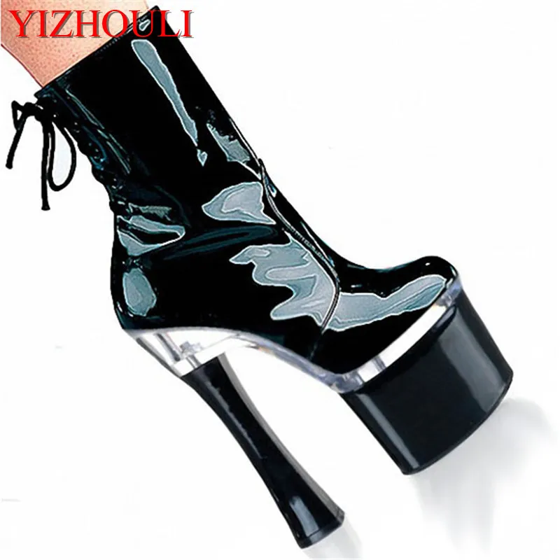 

Various sexy colors PU material, 18 cm square heel high heels short boots, baking paint, thick platform tube dance shoes