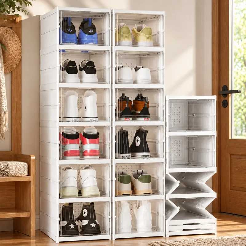 Clear 3-Layer Stackable Shoe Storage Boxes with Dust-Proof Foldable Design for Sneakers