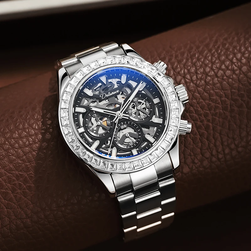 2025 Dulunwe New Round Bezel Waterproof Mechanical Watch Men'S Luxury Silicone Watch Hollow Multi-Function Automatic Date Watch