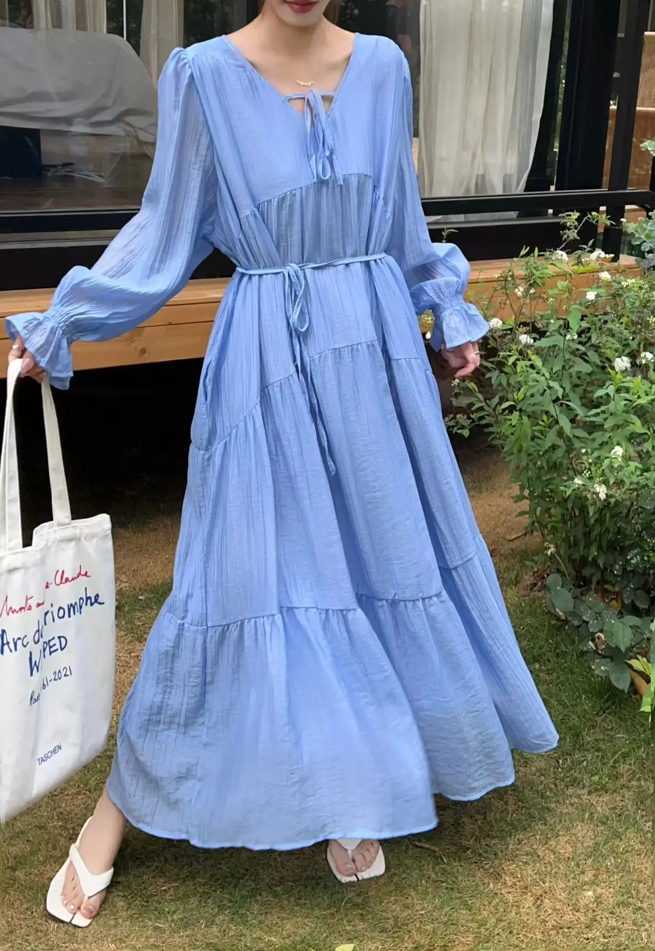 Pink Long Sleeve Dress Women's Loose V-neck Belted Korean Style Spring Autumn A-line Skirt Slimming Effect Large Size Dress