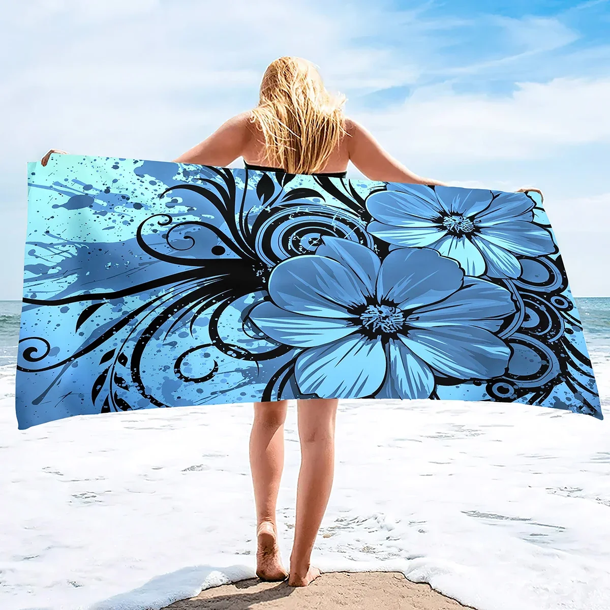 

Turquoise Blue Hibiscus Floral Beach Towel with Black Scroll Patterns - Quick Drying & Absorbent for Sunbathing & Poolside Use
