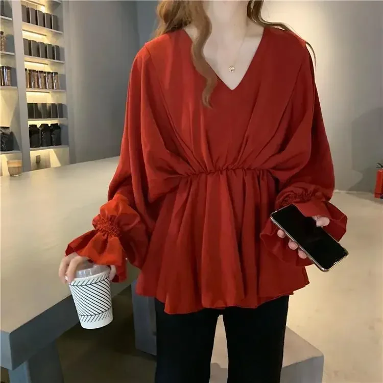 Blouse Women Spring Autumn Blouse Women Loose-Fitting V-neck Top Long-Sleeve Shirt Blusas Ropa De Mujer