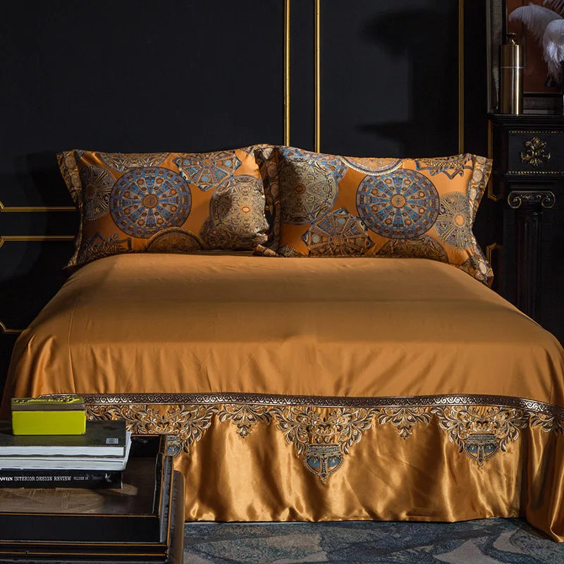 Luxury Golden Silver Satin Cotton Bedding set 104X90in Oversize US Queen King Doona Duvet cover Bed sheet Bedspread Pillowcase