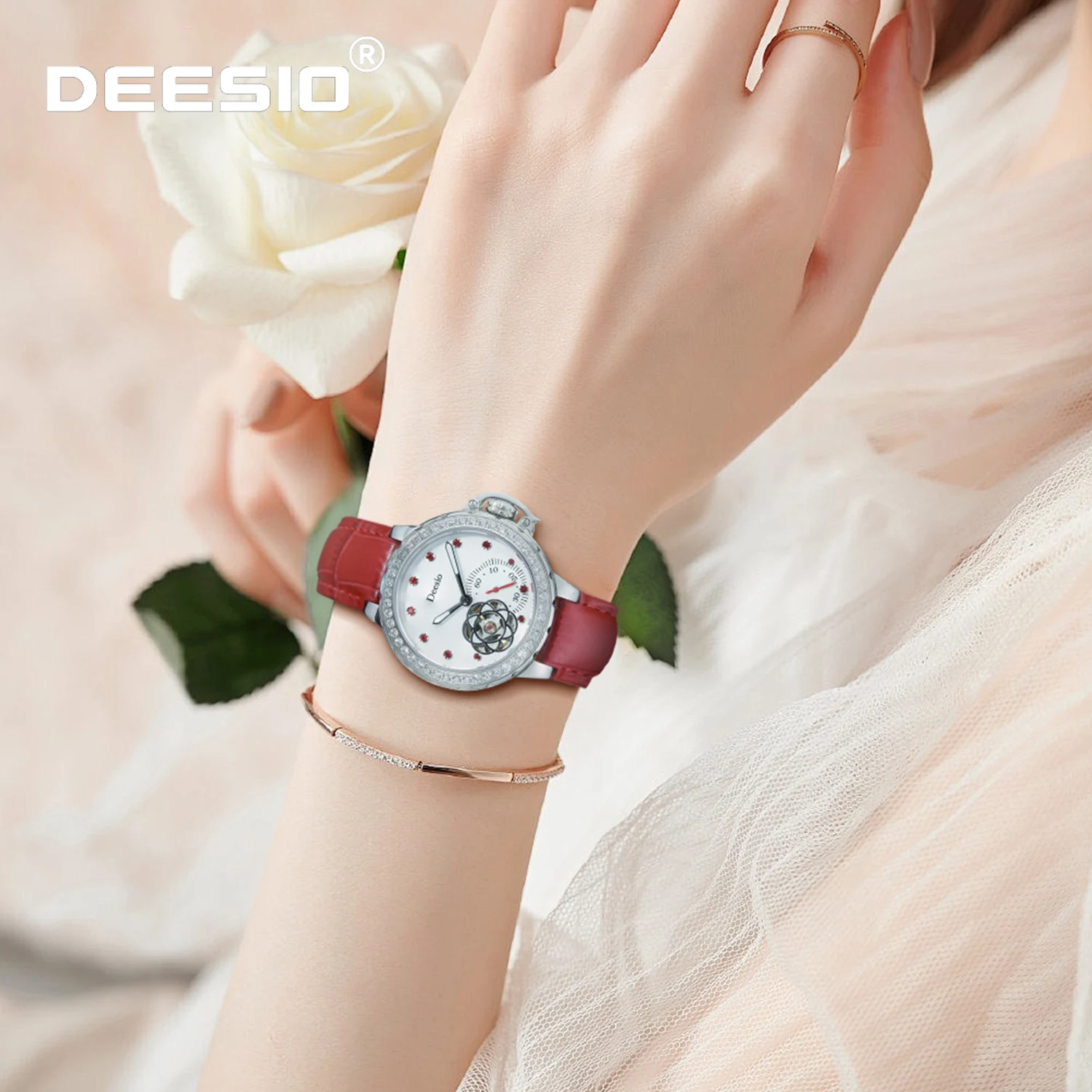 

Женские японские часы Deesio с механическим механизмом, полым циферблатом, из нержавеющей стали, модный аксессуар, водонепроницаемые.