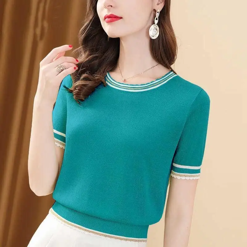 

New Summer Ice Silk T-shirt Short-sleeved Women's Versatile Thin Crewneck Knitwear Color-blocked Thin Top