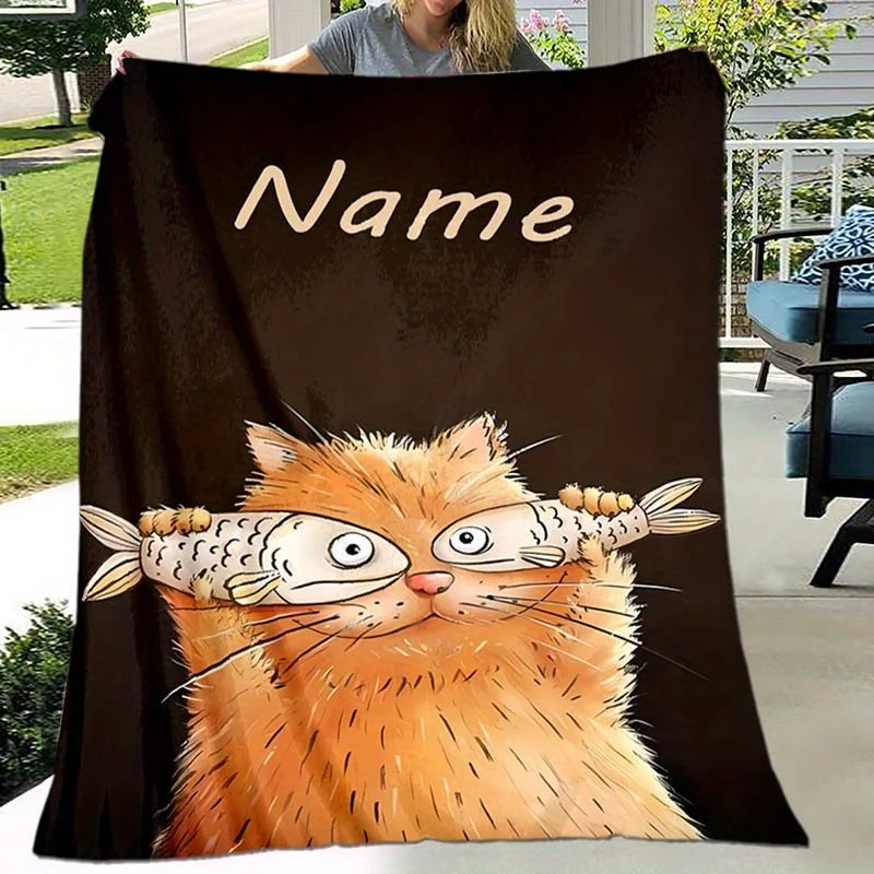 Customized personalized cat fish blanket with soft flannel wool, digital printing, charming blanket for all seasons, animal them