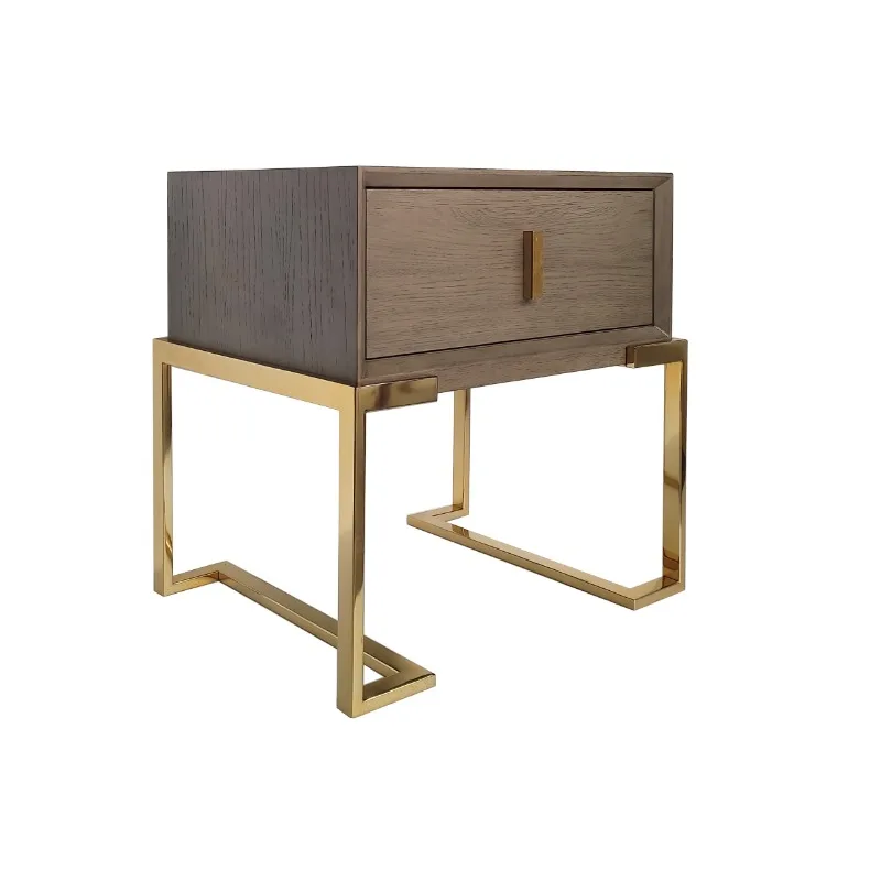 Bedside Table Cabinet Set Solid Oak Wood And Bronze Stainless Steel Nightstand Bedroom Furniture