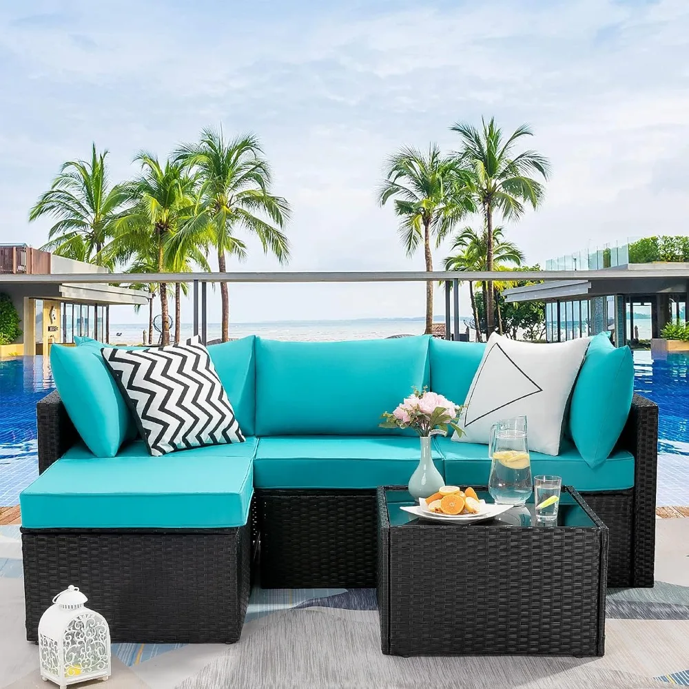 5 Pieces Outdoor Sectional Sofa, All Weather Rattan Wicker Couch with Glass Table, Patio Furniture Sets