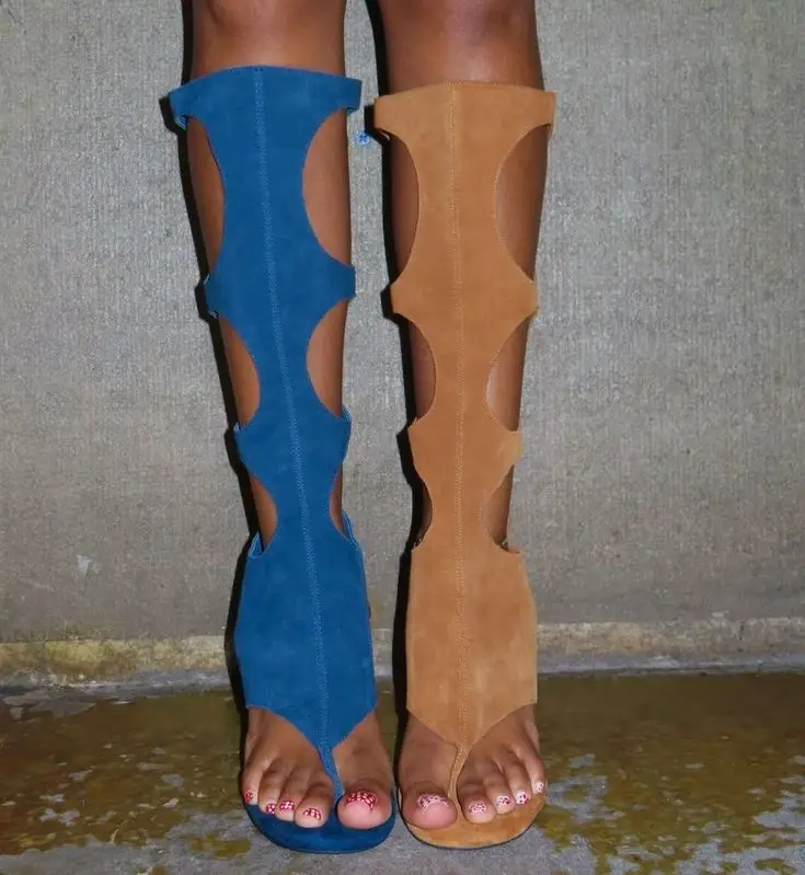 Summer New Arrival Women's Suede Cutout Knee High Boots Open Toe Stiletto Cover Heel Unique Design Multicolor Gladiator Sandals