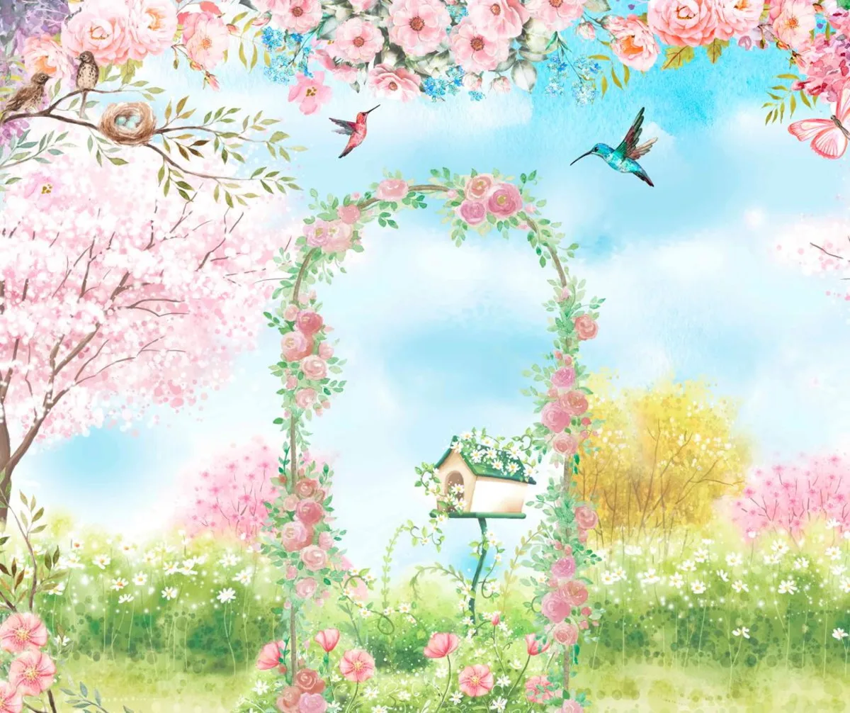 Spring Pink Watercolor Floral Birds Butterfly Backdrop Girl Princess Birthday Portrait Customized Photography Background