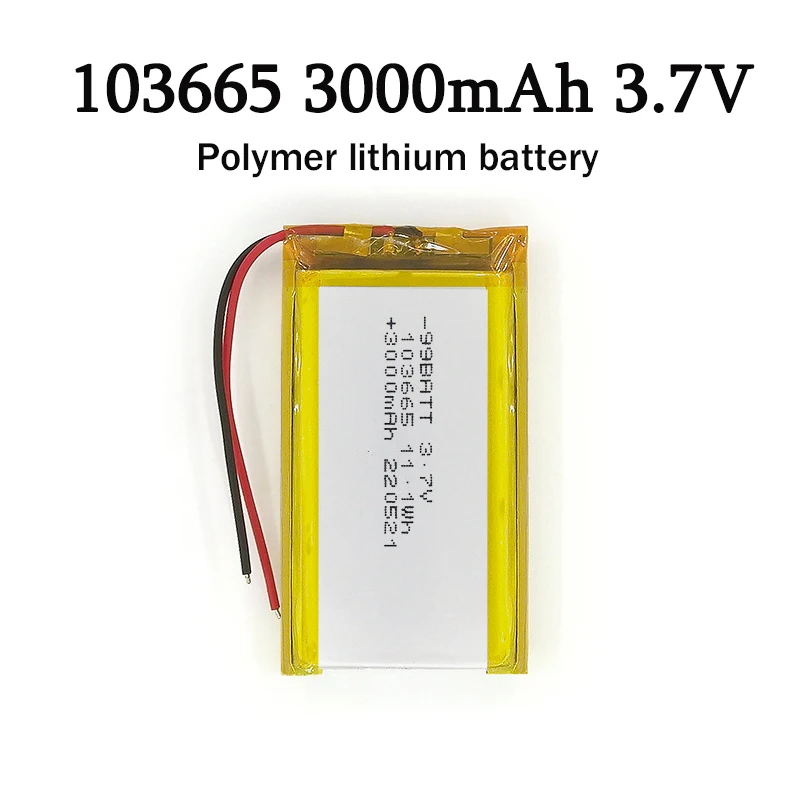 

103665 3.7V 3000mAh Li Po Rechargeable Lithium Polymer Battery PH 2.0mm 2pin Plug for Camera Bluetooth Speaker GPS DVD