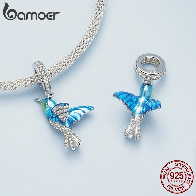 Bamoer 925 Sterling Silver Exquisite Green Enamel Bird Pendant Necklace Hummingbird Neck Chain for Women Fine Jewelry Gift