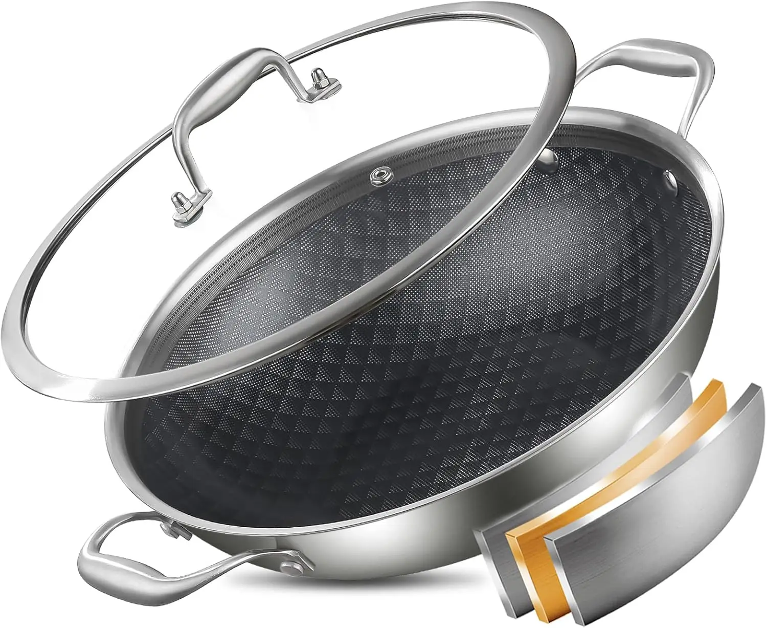 

12 Inch Nonstick Wok Pan with Lid, Tri-Ply Stainless Steel Deep Frying Pan for Induction and Gas Stoves