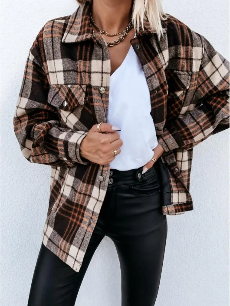 

Women‘s Plaid Shacket Oversized Trendy Retro Flannel Shirt Jacket Chest Pocket Long Sleeve Open Front Casual Checkered Top