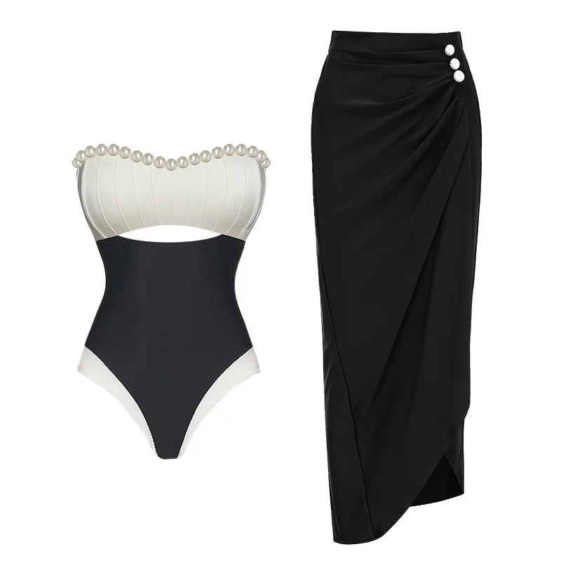 2024 traje de baño de una pieza con bloques de color y cuello de perlas, ropa de playa para mujer, venta al por mayor de liquidación de lino