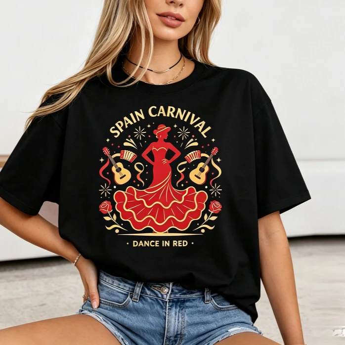 Spain Carnival Dance in Red Graphic T‑Shirt Women Flamenco Dancer Guitar Rose Print Casual Summer Tee for Holiday Party Vacation