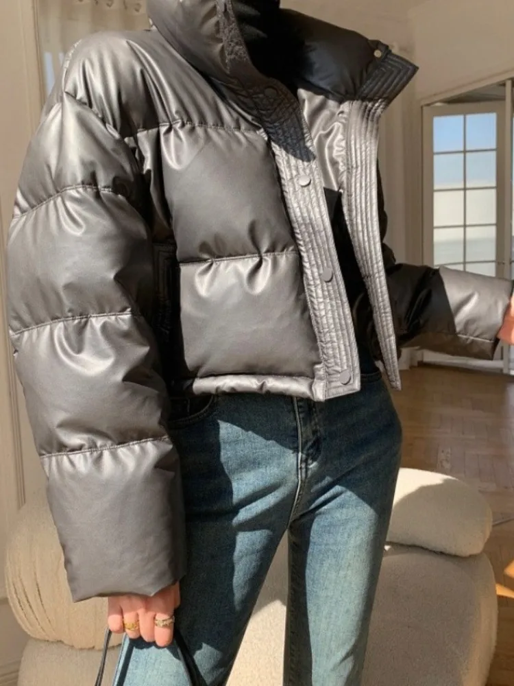 Retro Sli Design PU Leather Cotton Jaet Women's Korean Version ort Thiened Bread Sle Outerwear Stand Collar