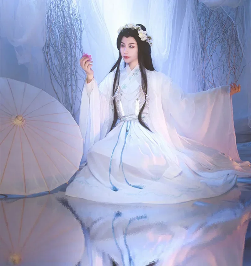 ชุดคอสเพลย์เจ้าหญิง Yueshen Xie Lian แบบโบราณสำหรับผู้หญิงผู้ชายชุดฮานสีขาวแบบจีนชุดมีเข็มขัด