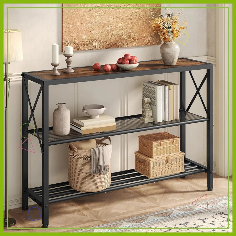 

Rustic 3-Tier Console Table with Shelves, Entryway Sofa Table for Living Room Office in Brown & Black