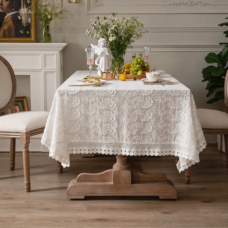 French embroidery Cotton white Tablecloth,Tea Table Decoration,Rectangle Table Cover For Kitchen Wedding Dining Room