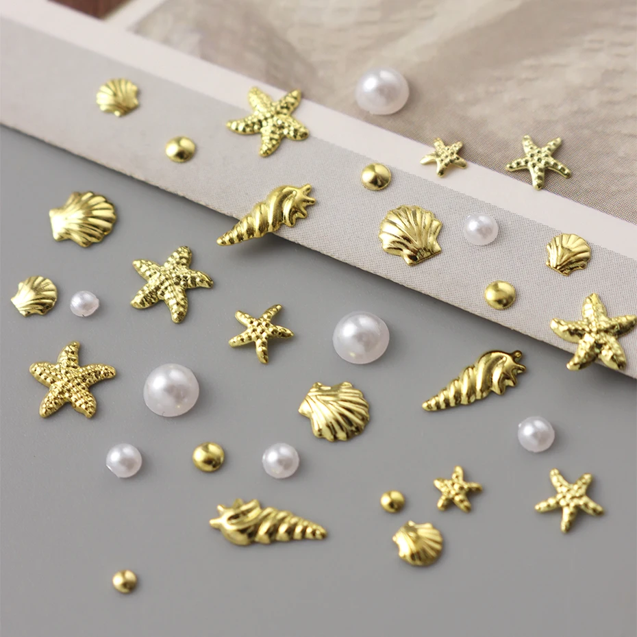Encantos 3D de estrella de mar y conchas doradas, tachuelas de metal, perlas, cuentas de caviar, tachuelas de verano, decoraciones de arte de uñas 4