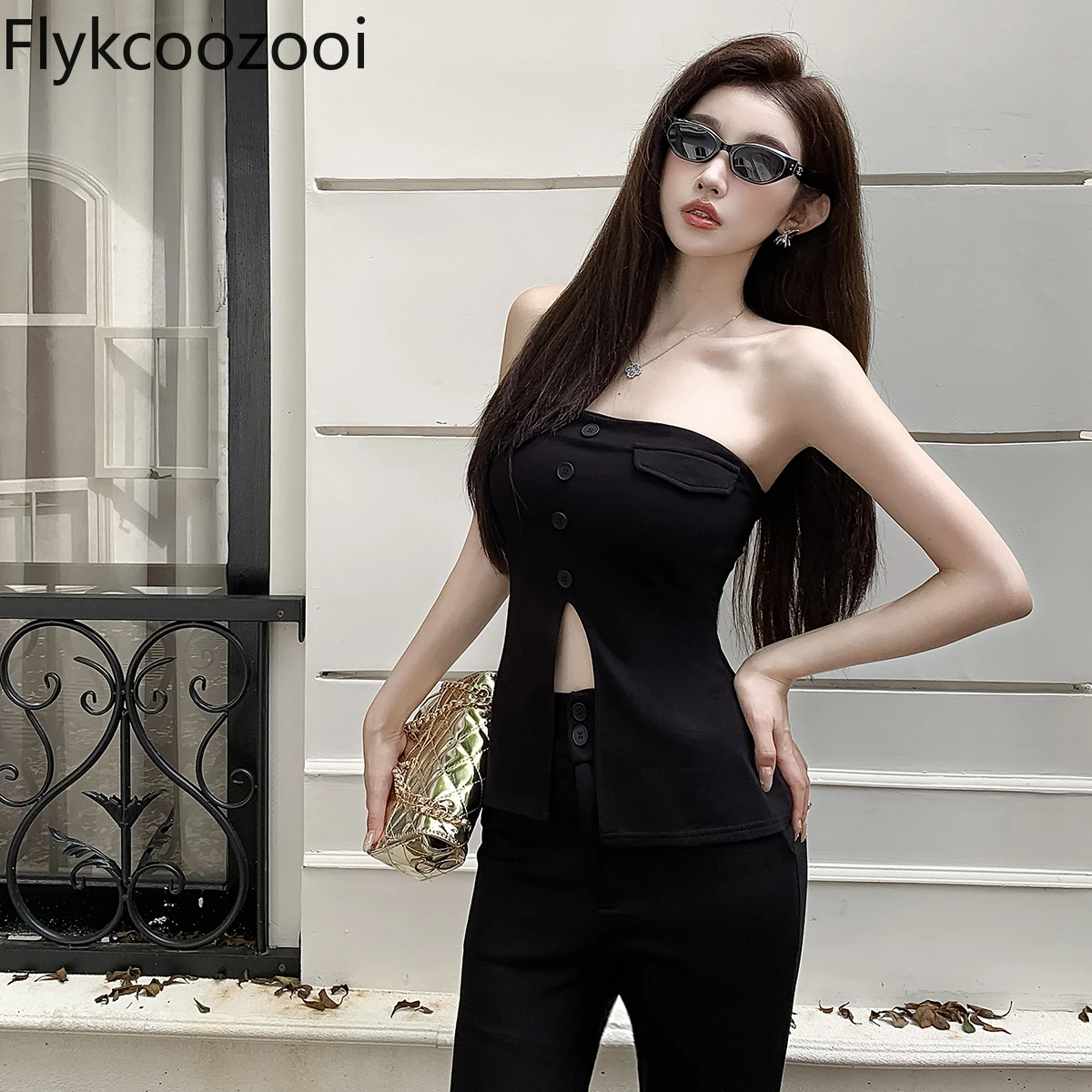 Popular New Design Pre-fall Strapless Top + Slim-fit Pants Suit Ensemble Femme 2 Pièces Été Casual Black Workout Sets