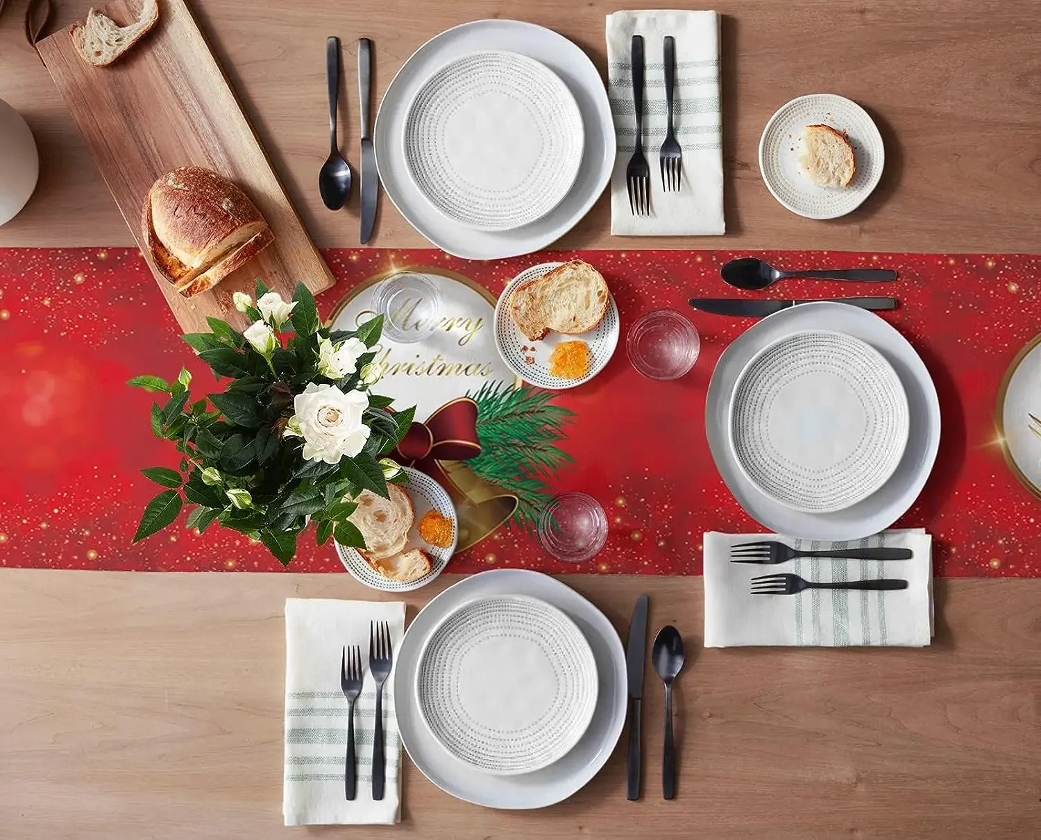 Christmas Bells Pine Tree Branches Linen Table Runners Party Decor Reusable Kitchen Dining Table Runners Christmas Decorations