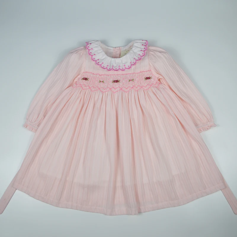 2025 Autumn Long Sleeve Smocked Dress For 2 3 4 5 6 7 Years Old Girl Kids Vintage Elegant Cotton Pink Blue Dresses Vestidos