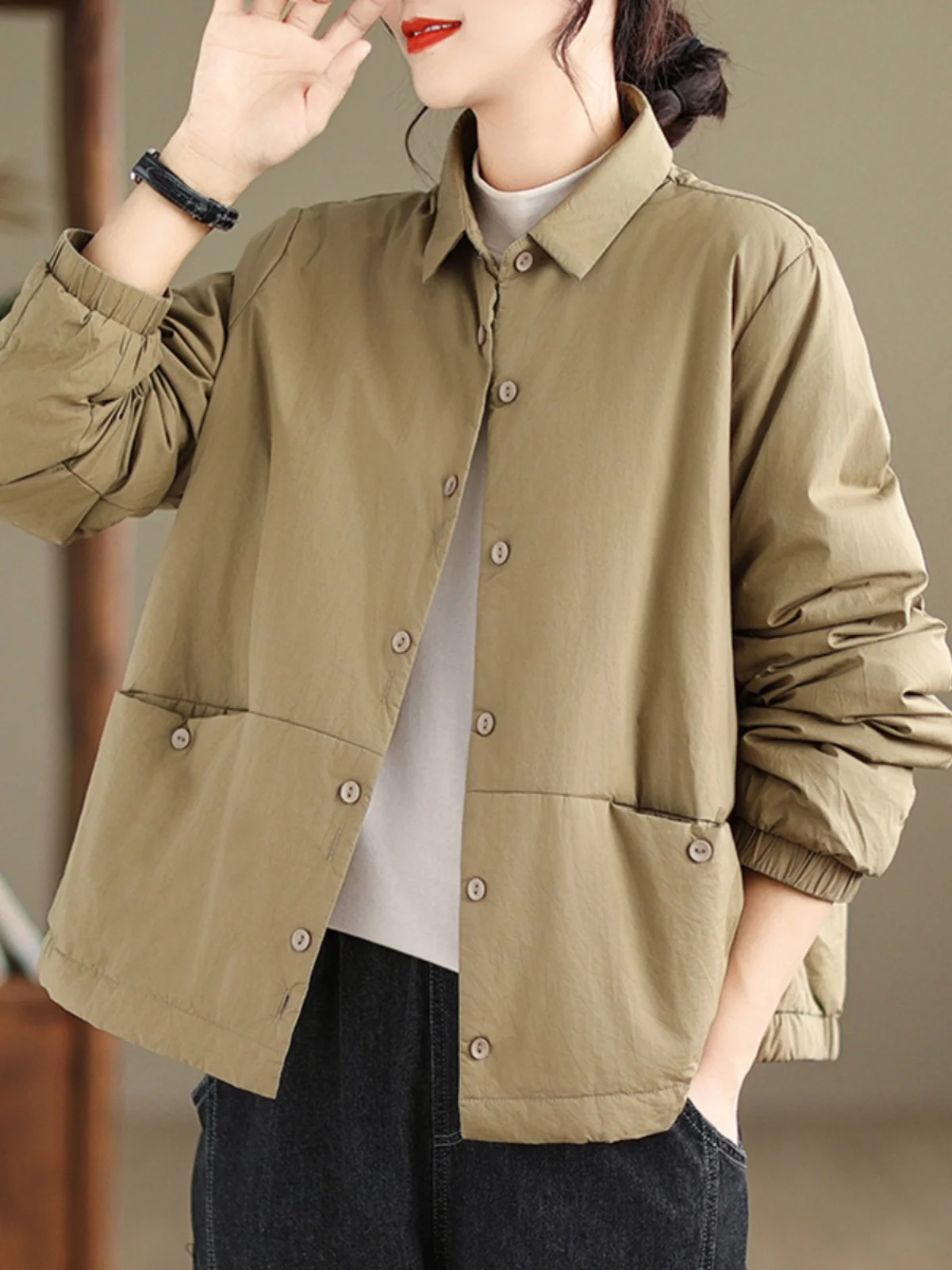 

Thiened Cotton irt Sle Women's Jaet Warm Retro Single Button Cotton Clothing Outerwear Pure Color Commute Sle