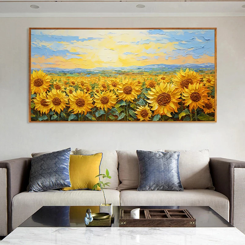 Large-sized frameless canvas paintings,Retro Sunset Sunflower Field Floral Landscape Nordic Poster Canvas Painting Wall Art Pict