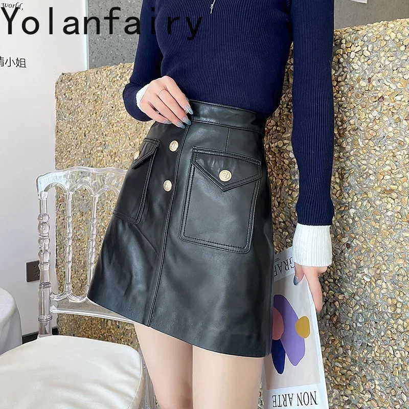 

2024 Genuine Leather Skirts for Women Real Sheepskin Skirt Women's Clothing High Waist Black Skirts Korean Streetwearjupes Femme