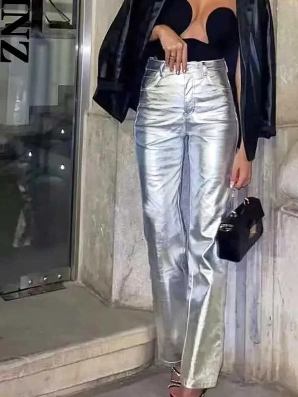 

iny Patent Leather Casual Pants High Waist Straight Leg Faionable Glittering Surface Women's Comfortable Breathable Spring