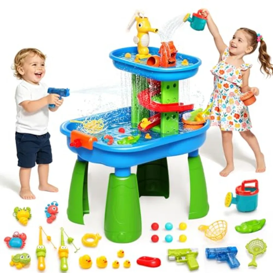 Outdoor water table for kids 3-8, STEM 28PCS rain shower sand water play set, blue plastic, 6-in-1 sensory play, tabletop 23x18