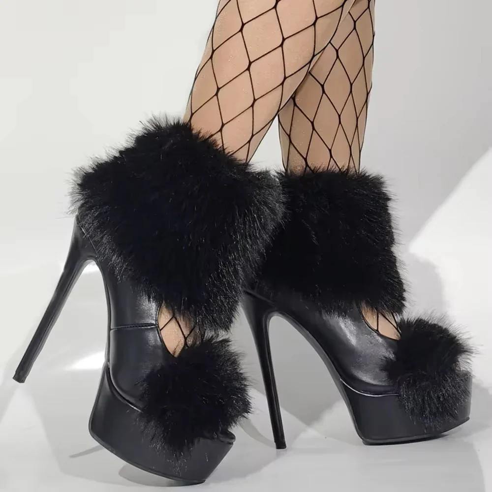 Summer Black Fur Ankle Strap Women's Peep Toe High Heel Sandals Platform Fashion Sexy Music Festival Gladiator Sandals
