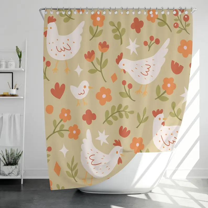 Farmhouse Chicken Shower Curtain Cute Hen and Chick Bathroom Decor Country Farm Style Fabric Floral Scandinavian Print for Kids