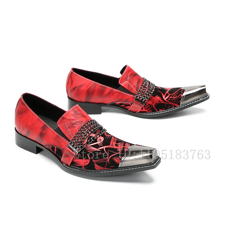 

Metal Square Toe Prints Patchwork Men Business Shoes Chains Decor Slip On Oxford Loafers Genuine Leather Wedding Party Shoes