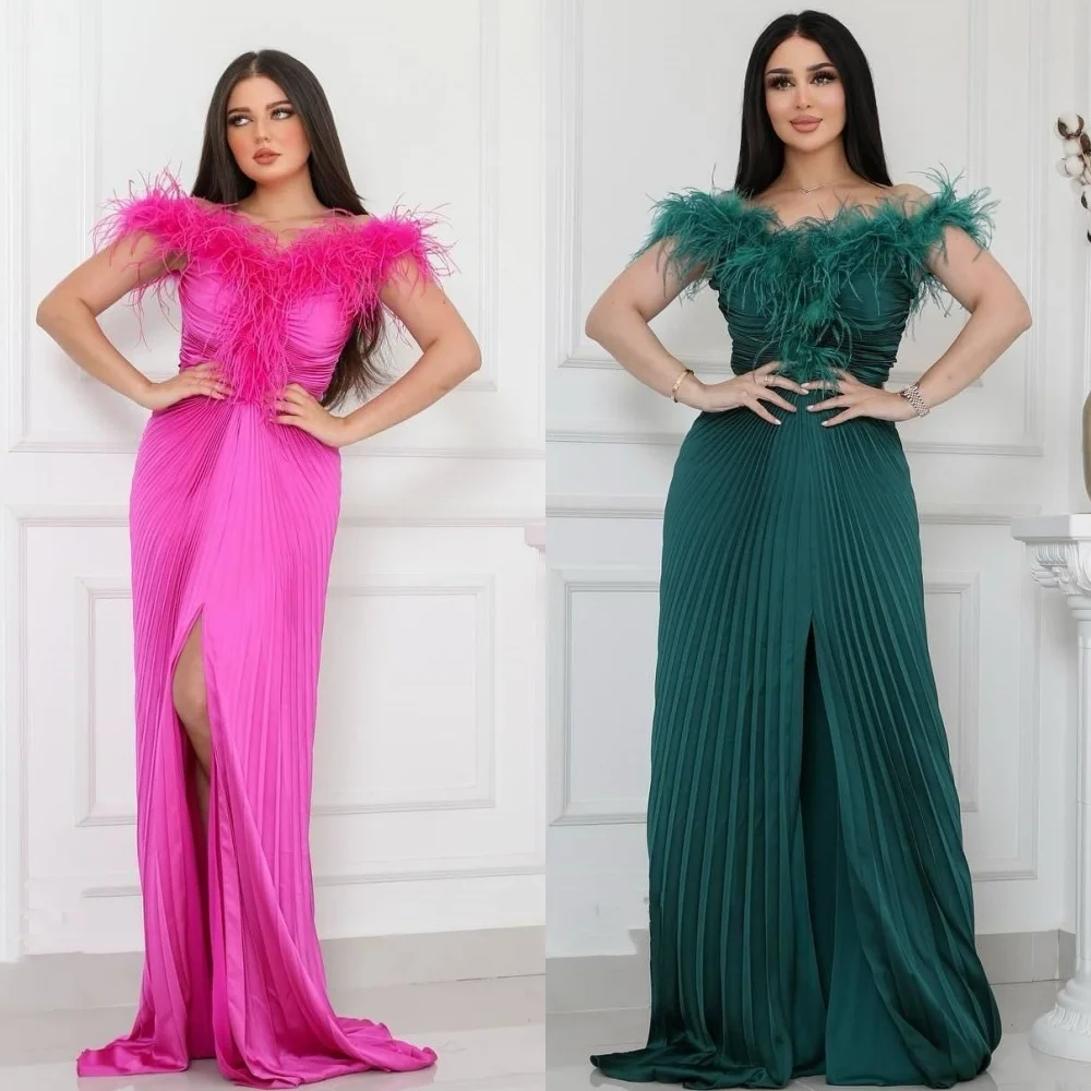 Customized Jersey Feather Draped Pleat Homecoming A-line Off-the-shoulder Bespoke Occasion Gown Long Dresses