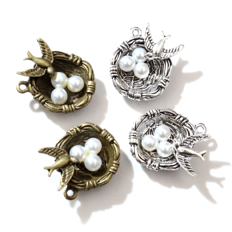 24x19x9mm 4 sztuk Antique Silver Plated brąz Plated ptasie gniazdo ręcznie robiony wisiorek: DIY dla bransoletka naszyjnik
