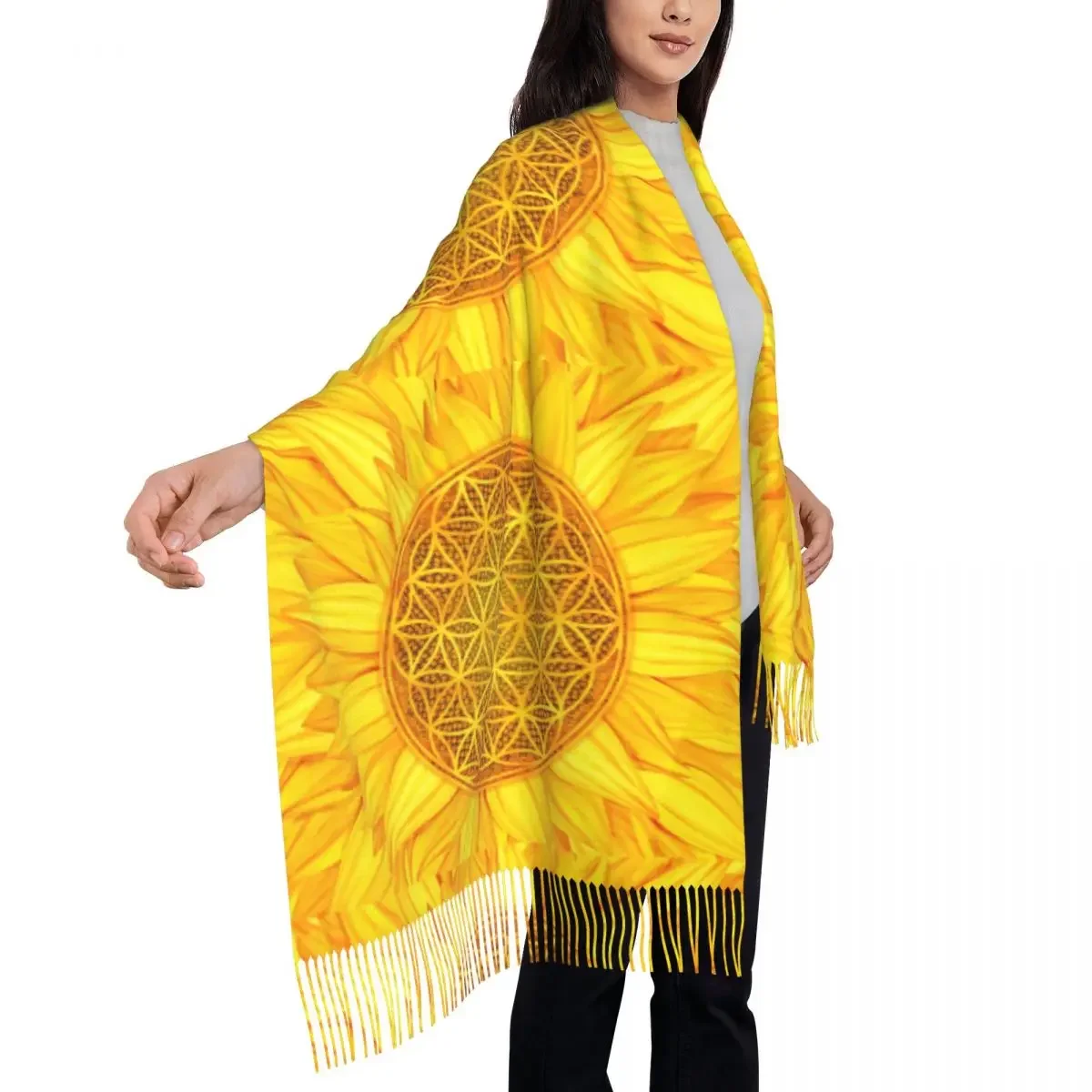 Flower Of Life Scarf Women Sunflower Headwear Scarves with Tassel Winter Vintage Shawls and Wrap Warm Soft Custom Bandana