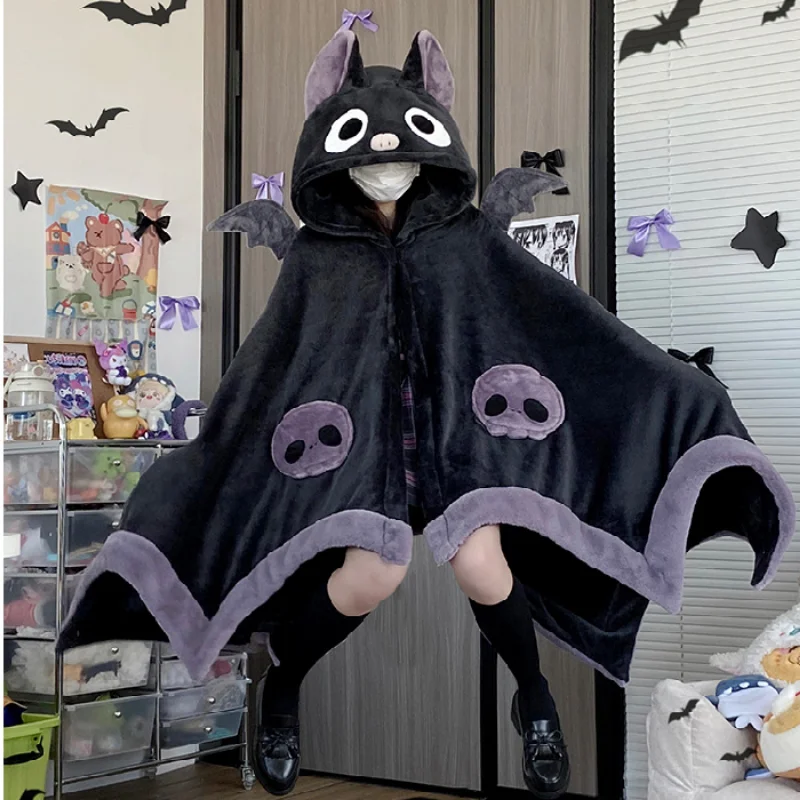 Kawaii Cartoon Bat Y2k Plush Pajamas Anime Cloak Sleepwear Costume Halloween Cloak for Adults Winter Pajamas Women Blanket Cape