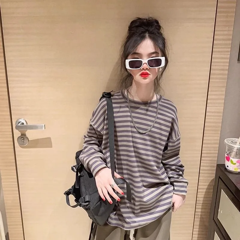 

Полосатая футболка Одежда для девочек от 10 до 12 лет 2025 Детская мода для девочек Старые корейские футболки Футболка с длинным рукавом 6 7 от 8 11 4